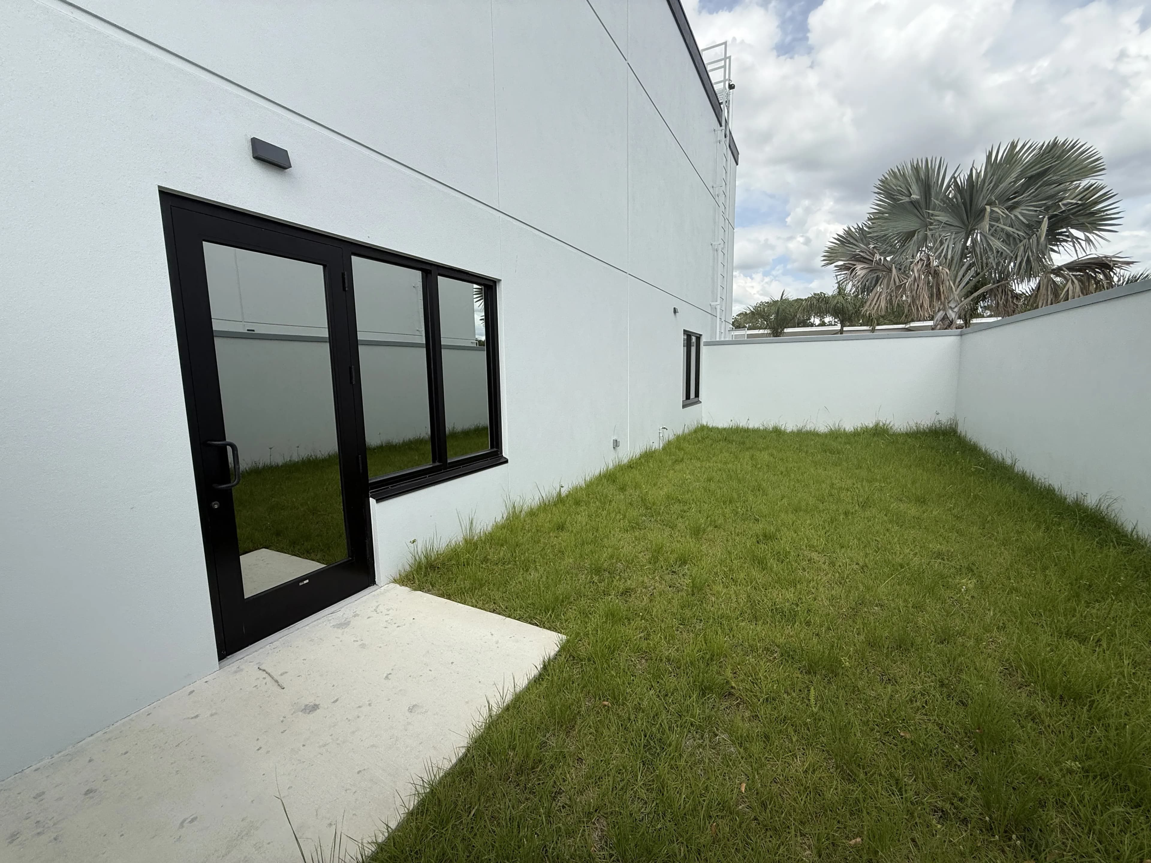 Private walled yard with grass, glass entry door, and palm trees